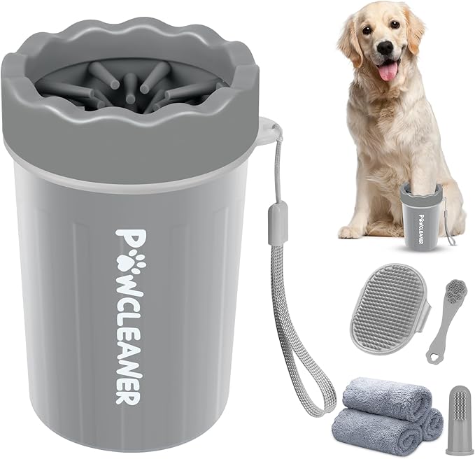 Professional 7 in 1 Dog Paw Cleaner for Dogs & Cats - Includes 1 Portable Paw Washer, 1 Bath Brush, 2 Dog Toothbrushes and 3 Absorbent Towels Note: Fits Paws 1.5 to 2.5 Inches Wide (Medium, Grey)