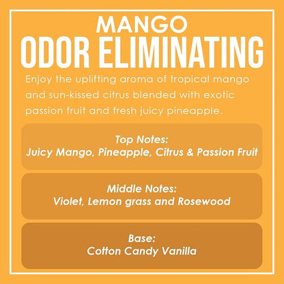 Mango Odor Eliminating Highly Fragranced Candle - Eliminates 95% of Pet, Smoke, Food, and Other Smells Quickly - Up to 80 Hour Burn time - 12 Ounce Premium Soy Blend