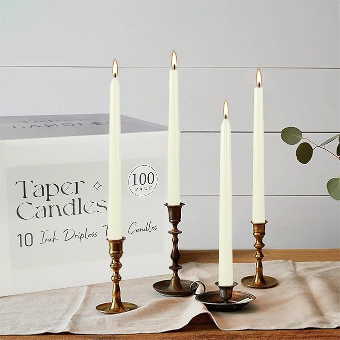 100Pack Ivory Taper Candles, 7-8 Hours Burn Time, Unscented, Smokeless and Dripless, 0.75 x 10 Inch Dinner Candle Set for Household, Wedding, Party and Home Décor Candlesticks