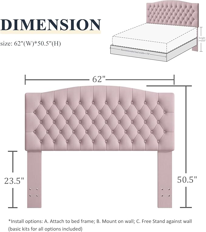 Queen Headboard Only, Upholstered Headboard for Adjustable Bed Velvet Tufted Queen/Full Size Wall Mounted Head Board with Solid Wood Legs Head Board, Pink