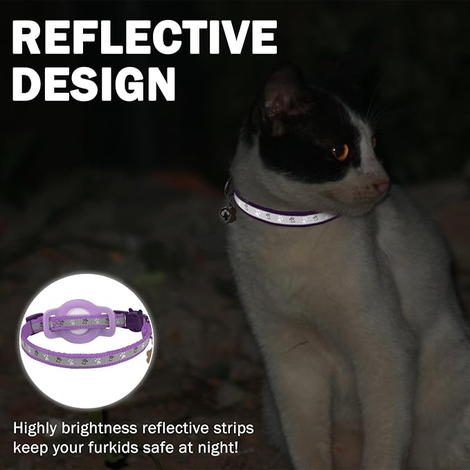 Airtag Cat Collar Breakaway, Reflective Kitten Collar with Bell and Apple Air Tag Holder, GPS Cute Cat Collar, Glow in The Dark Pet Collars for Boy Girl Cats, Kittens, Puppies, Purple