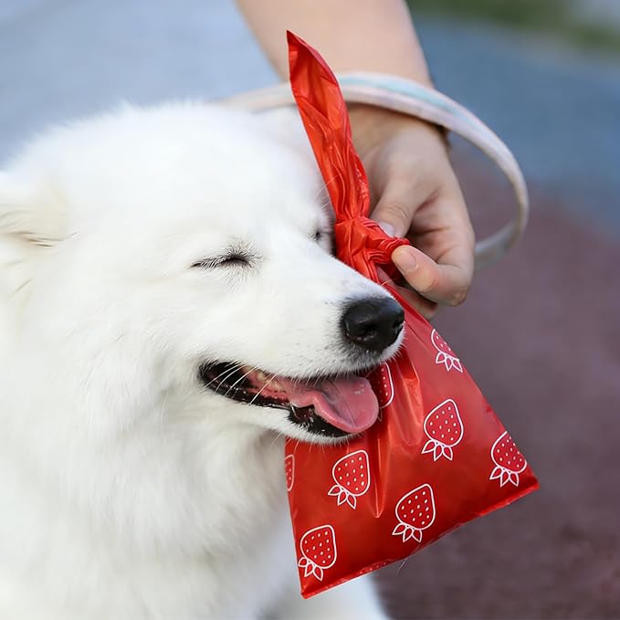 Strawberry Scented Dog Poop Bags - 630 counts red Pet Waste Bags with Dispensers, Extra Large 13x9 Inch Leak-Proof Fragrance Bags for Dogs Walking and Cat Litter