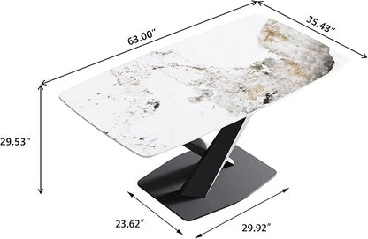 Modern Rectangle Marble Dining Table,63" Antique White Marble Sintered Stone Top Dining Table,Rectangle Dining Room Table with X-Shape Carbon Steel Pedestal Table for Kitchen/Living Room(Table Only)