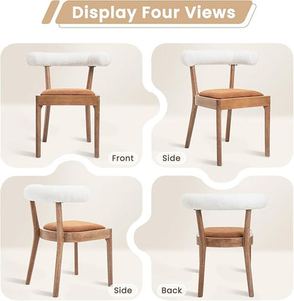 Kmax Dining Room Chairs Mid-Century Modern Leather Kitchen Chairs with Natural Walnut Finished Frame, Fur White Curved Back, 2-Pcs Set, PU Brown