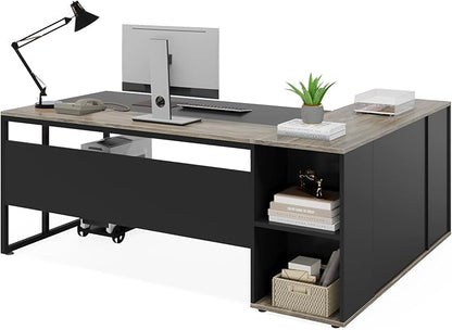 Tribesigns 71 inch Executive Desk, L Shaped Desk with Cabinet Storage, Executive Office Table with Shelves, Business Furniture Set Workstation for Home Office, Gray
