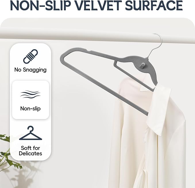Velvet Hangers 50 Pack, Non Slip Stackable Clothes Hangers with Cascading Hooks, Ultra Thin and Space Saving Felt Hangers with Tie Bar, 360° Swivel Hooks, Heavy Duty for Suit Coat Shirt Pant- Gray