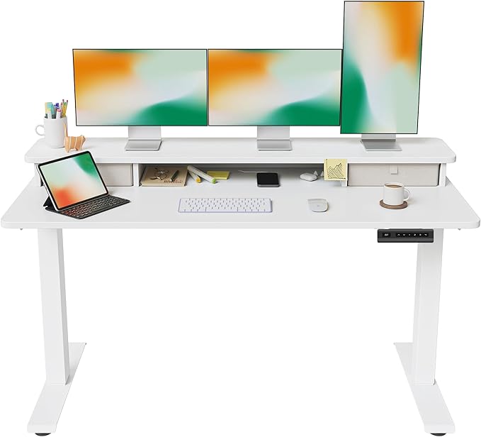 FEZIBO 63 x 28 Inch Deeper Height Adjustable Electric Standing Desk with Double Drawers, Sit Stand Up, Home Office Computer Desk with 4 Height-Adjustable Feets & 2 Hooks, White Frame/White Top