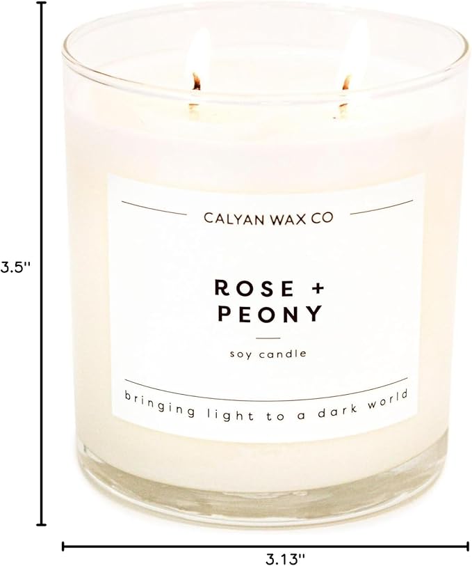 Calyan Wax Co. Rose & Peony 2 Wick Scented Candle - 37 Hour Burn - Luxury Non Toxic Soy Wax Candles - Long Lasting Large Glass Jar Candle for Home - 8.8oz