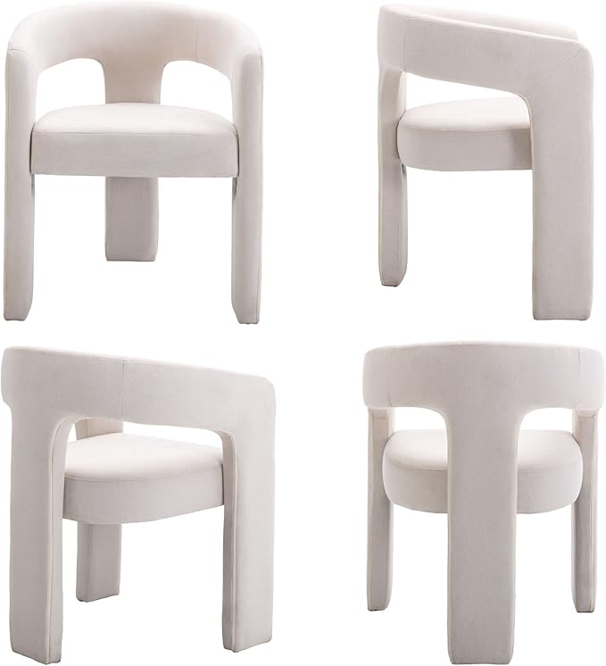 Set of 3 Modern Linen Fabric Upholstered Dining Chairs with Open-Back, Cute Barrel Side Chairs Kitchen Armchair Accent Chairs for Dining Room Bedroom, Ivory