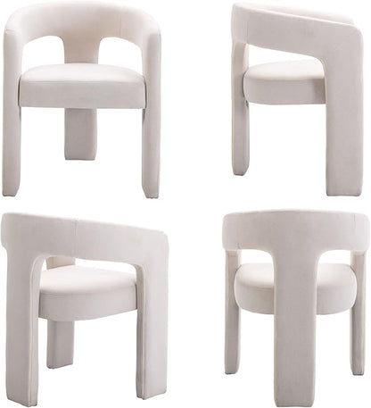 Set of 3 Modern Linen Fabric Upholstered Dining Chairs with Open-Back, Cute Barrel Side Chairs Kitchen Armchair Accent Chairs for Dining Room Bedroom, Ivory