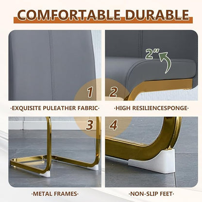 63'' Glass Dining Table Set for 4, Kitchen Table Chairs Set of 4, Clear Glass Dining Table with Black unique design Leg and Gold Metal Base, 4 PU Dining Chairs with Metal Legs, Living Room, Kitchen.