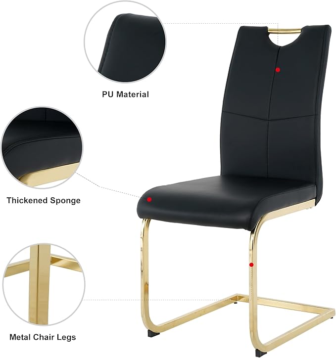 Goujxcy Round Dining Table Set for 4, Modern Glass Kitchen Table and Chairs Set of 4, 5 Piece Dining Room Table Set with 47" Circle Gold Metal Glass Dinner Tables and 4 Black Leather Dining Chairs
