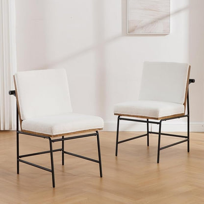 Modern Dining Chairs Set of 4, Comfy Sherpa Fabric Armless Upholstered Side Chairs with Wooden Backrest Black Metal Legs for Dining Room Living Room, White