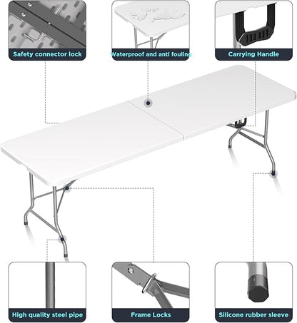 HLPB Folding Table Picnic Table, 8 ft Portable Camping Table with Handle and Safety Locks, Foldable Table Plastic Dining Table Indoor Outdoor for Camping, Picnic and Party