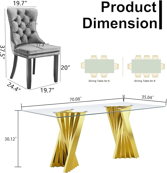 Goujxcy 70" Glass Dining Table Set for 4, Modern Gold Dining Table Set with 4 Green Velvet Upholstered Dining Chairs, 5 Piece Kitchen Dining Room Table Set with Stainless Steel Legs