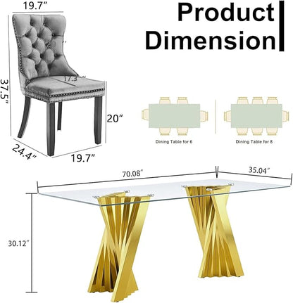 Goujxcy 70" Glass Dining Table Set for 4, Modern Gold Dining Table Set with 4 Green Velvet Upholstered Dining Chairs, 5 Piece Kitchen Dining Room Table Set with Stainless Steel Legs