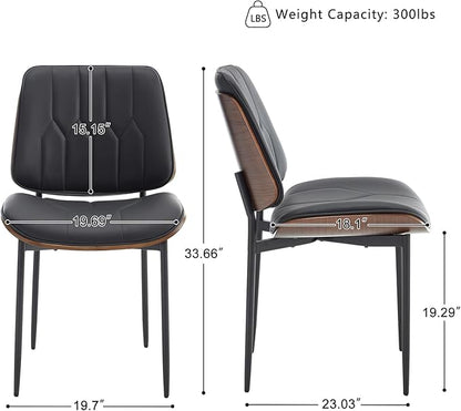 BV Mid Century Modern Dining Chairs Set of 6, Upholstered Pu Leather Armless Accent Chair with Walnut Bentwood Back, Retro Kitchen Chair for Dining Room, Living Room, Kitchen, Black