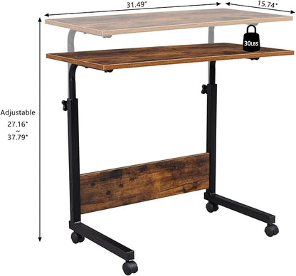 Goujxcy Sofa Side Table C Shaped End Table with Wheels, Rolling Bedside Laptop Table Snack Table TV Tray, Height Adjustable, Wooden Top & Metal Frame