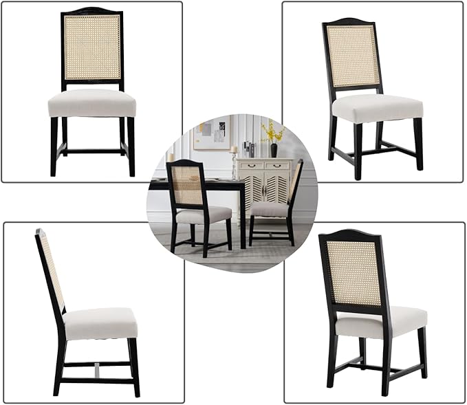EALSON Mid Century Modern Dining Chairs Set of 4 Linen Upholstered Dining Room Chairs with Cane Back Black Wood Frame Side Chairs for Dining Room, Beige