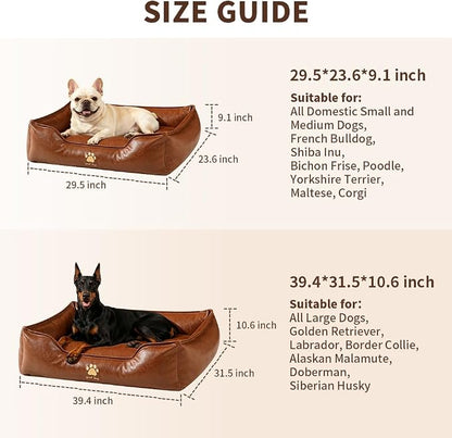 SOMAHE Waterproof Leather Dog Bed, Bolster Couch, 24x19x9 Brown | Wipe-Clean Waterproof Leather + Removable Cushion: raised bolsters create a cozy bed for small-medium dogs.