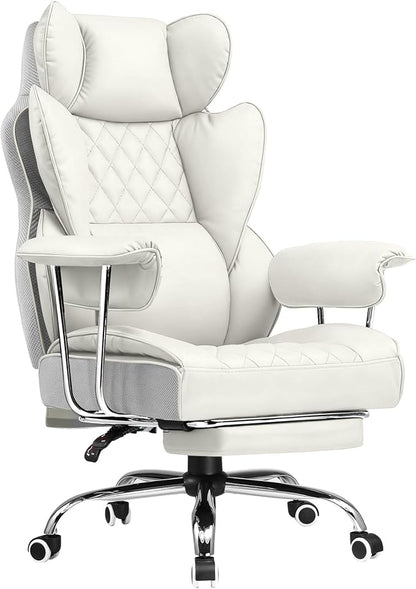 COMHOMA Big and Tall Office Chair, High Back Leather Gaming Chair with Footrest, Executive Ergonomic Office Chairs with Pocket Spring Lumbar Support and with Outward Fixed Soft Armrests