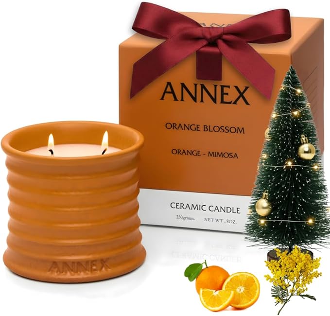 Scented Luxury Candles in Handmade Ceramic Jars, Soy Wax | Orange Blossom – Orange & Mimosa, Large Candle | Non Toxic, 2 Wicks, Reusable Big Orange Jar | Natural Spring Aromatherapy for Women & Men