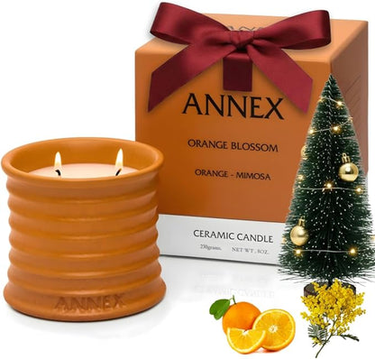 Scented Luxury Candles in Handmade Ceramic Jars, Soy Wax | Orange Blossom – Orange & Mimosa, Large Candle | Non Toxic, 2 Wicks, Reusable Big Orange Jar | Natural Spring Aromatherapy for Women & Men