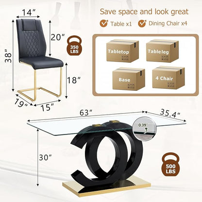 63'' Glass Dining Table Set for 4, Kitchen Table Chairs Set of 4, Clear Glass Dining Table with Black unique design Leg and Gold Metal Base, 4 PU Dining Chairs with Metal Legs, Living Room, Kitchen.