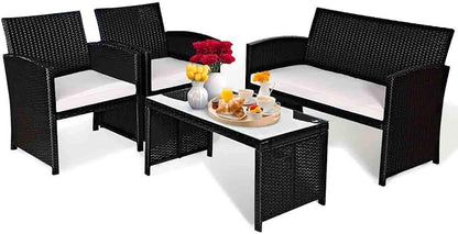 Tangkula Patio Wicker Conversation Furniture Set, Patiojoy Sofa & Table Set w/4 Seats, Outdoor Rattan Sofa Set for Balcony Backyard, Wicker Chair Set with Tempered Glass Coffee Table (1, White)