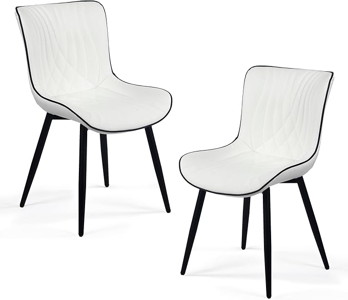 Kidol & Shellder White Dining Chairs Set of 2,Faux Leather Upholstered Mid Century Modern Kitchen&Dining Room Chair with Back,Ergonomic Armless Vanity&Living Room Chair with Metal Legs