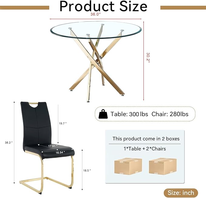 Goujxcy 3 Pieces Round Dining Table Set for 2, Modern Gold Glass Kitchen Table and Chairs for 2 with Upholstered Chairs, Circle Coffee Dining Table Set for Small Space,Apartment,Office