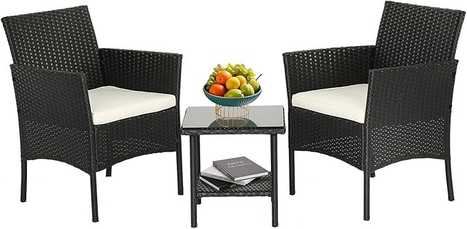 FDW Wicker Outdoor Furniture Patio Furniture Set of 3 Rattan Patio Chairs Outdoor Chairs Patio Conversation Set with Coffee Table for Yard Backyard Lawn Porch Poolside Balcony,Black