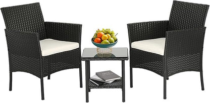 FDW Wicker Outdoor Furniture Patio Furniture Set of 3 Rattan Patio Chairs Outdoor Chairs Patio Conversation Set with Coffee Table for Yard Backyard Lawn Porch Poolside Balcony,Black
