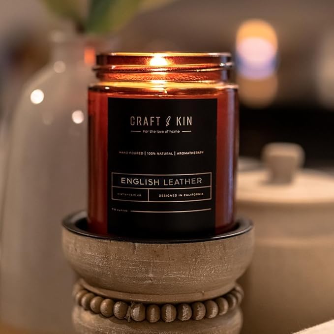 Craft & Kin Christmas Scented Candle for Men | Premium English Leather Holiday Candle | All-Natural Scent for Home | Long Lasting Winter Candles, 45-Hour Burn Time, 8oz