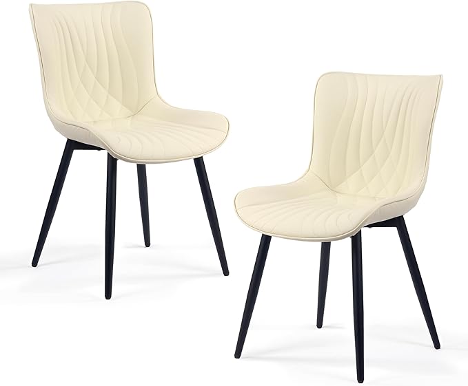 Kidol & Shellder Beige Dining Chairs Set of 2,Faux Leather Upholstered Mid Century Modern Kitchen&Dining Room Chair with Back,Ergonomic Armless Vanity&Living Room Chair with Metal Legs