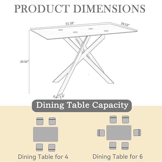 51'' Gold Glass Dining Table Set for 6,7 Piece Kitchen Table and Chairs Set with Metal Legs and 6 PU Leather Dining Chairs for Kitchen Room Small Spaces