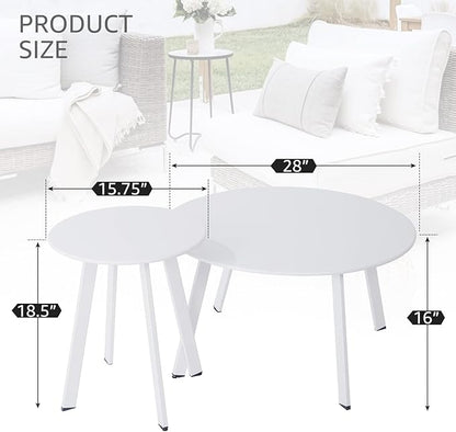 Outdoor Patio Coffee Table Set of 2, Weather Resistant End Table, Round Nesting Tables for Living Room Balcony Office, White