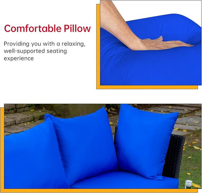FDW 5 Pieces Patio Furniture Sets Outdoor Sectional Sofa Wicker Chair Rattan Conversation Set for Outdoor Backyard Porch Poolside Balcony Garden Furniture with Coffee Table,Blue Cushion