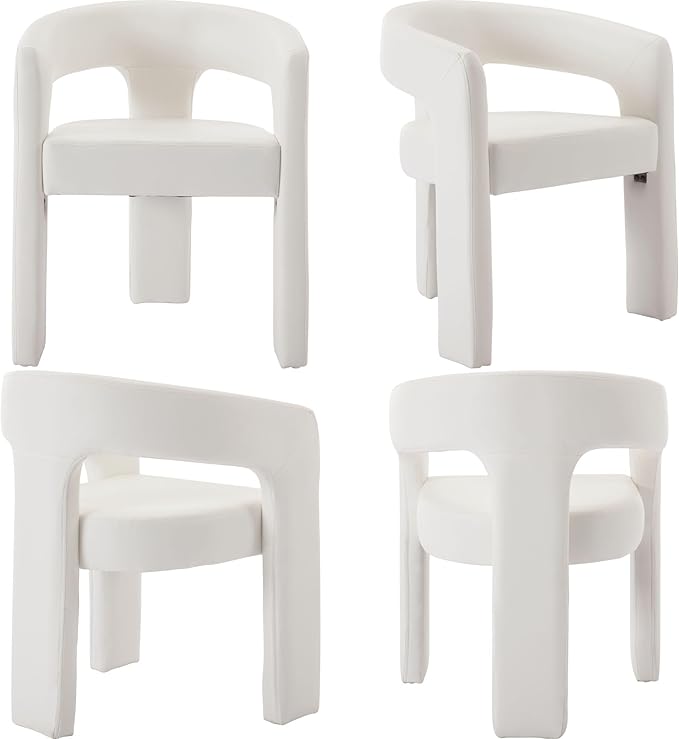 Set of 6 Modern PU Leather Upholstered Dining Chairs with Open-Back, Cute Barrel Side Chairs Kitchen Armchair Accent Chairs for Dining Room Bedroom, White