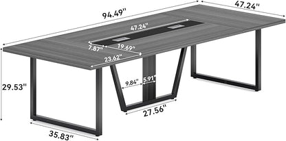 LITTLE TREE 8FT Conference Table for 10 People, Large Meeting Table, Modern Wooden Conference Room Tables with Cable Management, Business Style Training Tables with Strong Metal Legs for Office, Grey