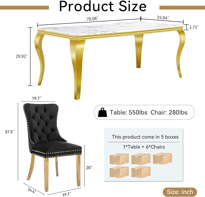 70" Marble Dining Table Set for 6, Modern 7 Piece Dining Room Table Set with White Faux Marble Dining Table & 6 Black Velvet Upholstered Chairs, Luxury Gold Kitchen Table Chairs Set of 6