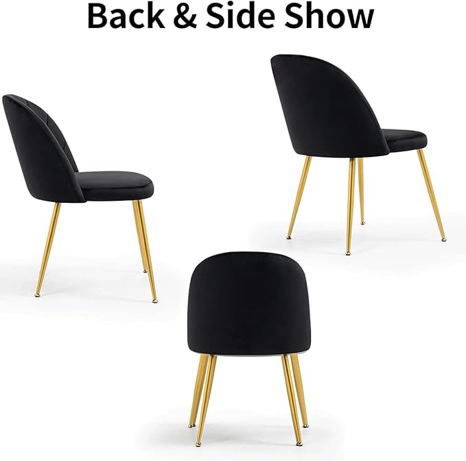 Velvet Dining Chairs Set of 2, Upholstered Mid Century Modern Dining Chairs, Armless Accent Chair with Metal Gold Legs for Living Room, Kitchen, Dining Room, Black