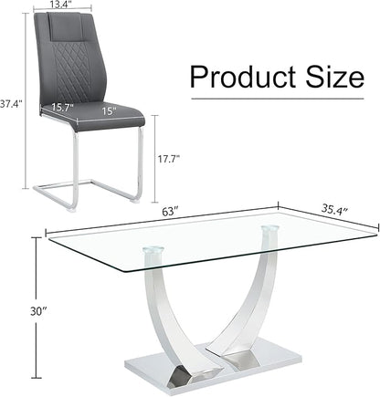 AZmac 63” Glass Dining Room Table Set for 6, Modern Kitchen Table and Chairs Set of 6, Dining Sets with Rectangular Tempered Glass and Sturdy Silver Chrome Base, for Kitchen Home