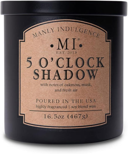 Manly Indulgence 5 O'Clock Shadow Scented Candle for Men 16.5 oz | 2 Wick & 2X Intense Fragrance | Oakmoss, Musk & Fresh Air | Up to 60 Hour Burn, Soy Blend Wax, USA Poured, Black