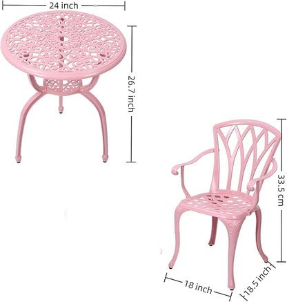 3-Piece Cast Aluminum Patio Bistro Set, Outdoor Rust-Resistant Furniture with 2 Chairs and Table (Pink)