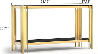 Goujxcy Modern Glass Console Table 55" Gold Entryway Table with Black Glass Top and Mirror Finish Stainless Steel Legs, Luxury Rectangular Sofa Tables for Living Room Hallway Corridor Table (Gold)