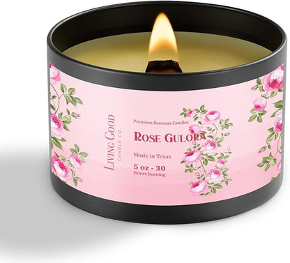 Rose Gulora Pure Beeswax Candle Tin - 30+ Hours Long Burning Classically Designed Non-Toxic Scented Candles for Home Decor and Aromatherapy to Stress & Anxiety Relief with Natural Fragrance - 5 oz