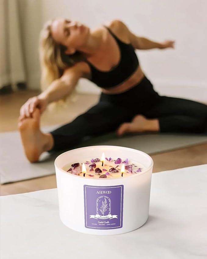 AOOVOO Lavender Scented Candles for Women - 20oz 3 Wick Soy Candles for Home Scented, Aromatherapy Candle with Crystals Inside, Birthday Gifts Christmas Candle for Women Mom