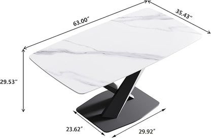 Modern Rectangle Marble Dining Table for 6,63" White Marble Sintered Stone Top Dining Table,Rectangle Dining Room Table with X-Shape Carbon Steel Pedestal for Kitchen/Living Room(Table Only)