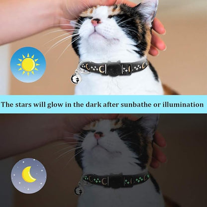 6 PCS Breakaway Cat Collars with Bell Golden Moon Glowing Star in The Dark for Kitten